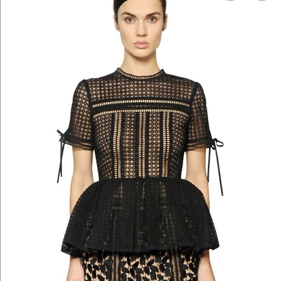 Black Self Portrait Eyelet Peplum Top - Picture 1 of 12